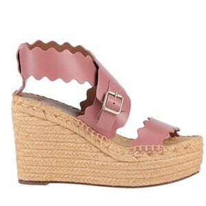 Chloe Lauren Scalloped Leather/Raffia Wedge Sandal Women's Pink/Mauve Size